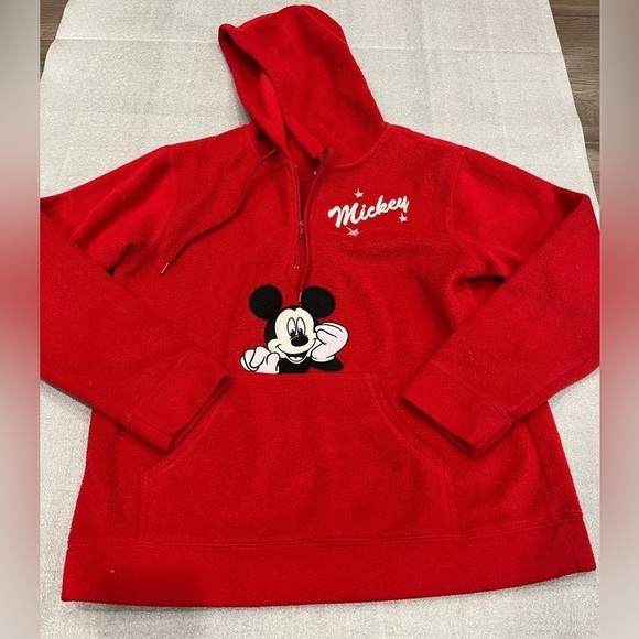 Disney Tops - [M] DISNEY Fleeced Hoodie Mickey Mouse Pullover 1/4 Zip USA Cartoon Vintage Red